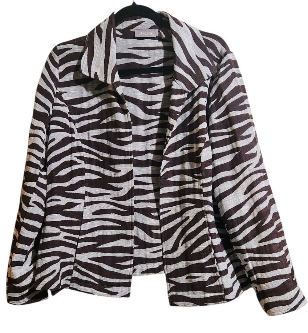 Chicos Size 2 US Large Animal Print Blazer Jacket Brown Tan Office Classy Church